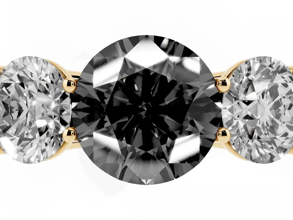 Fancy Black Round Cut Three-Stone Diamond Ring with Prong Setting on a Classic Band Yellow gold