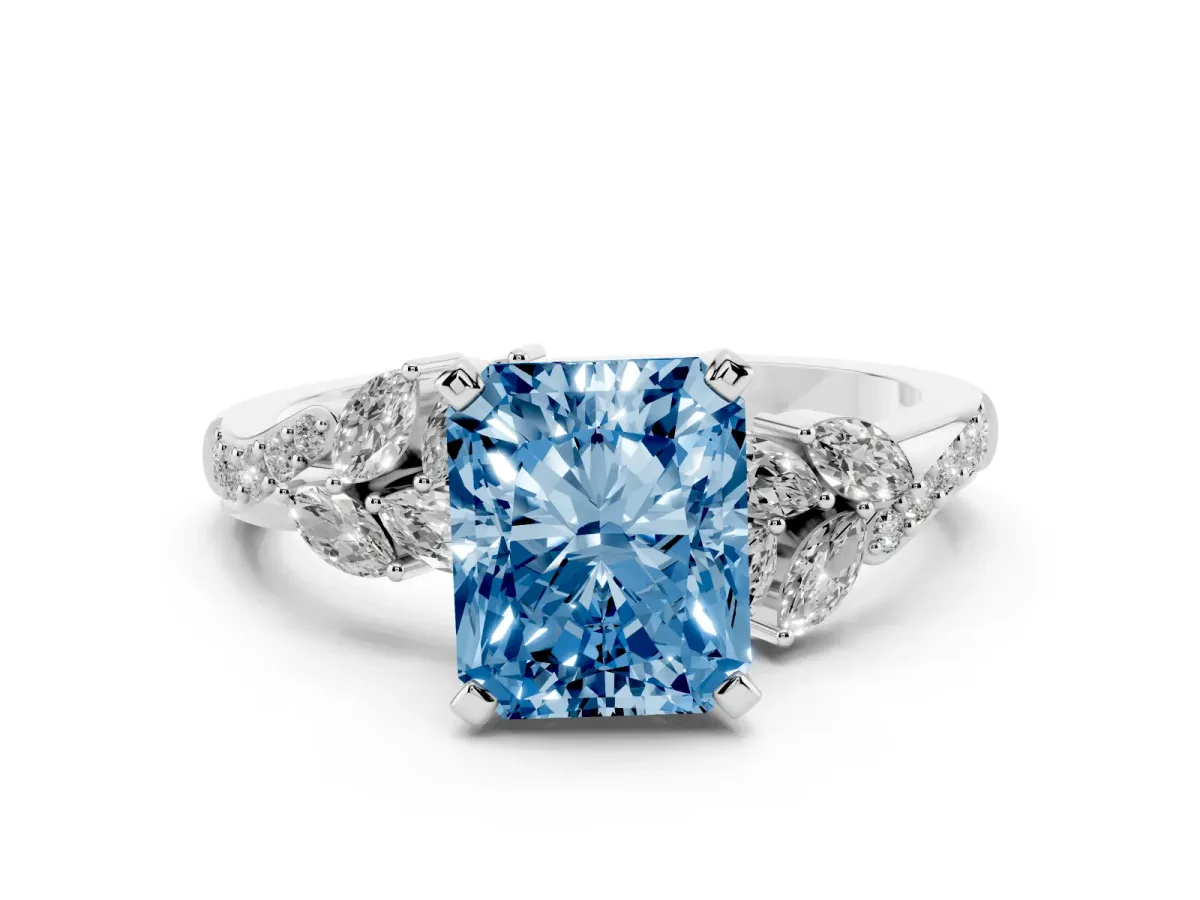 Fancy Blue Radiant Cut Solitaire Marquise Twist Band with Six-Prong Setting Silver