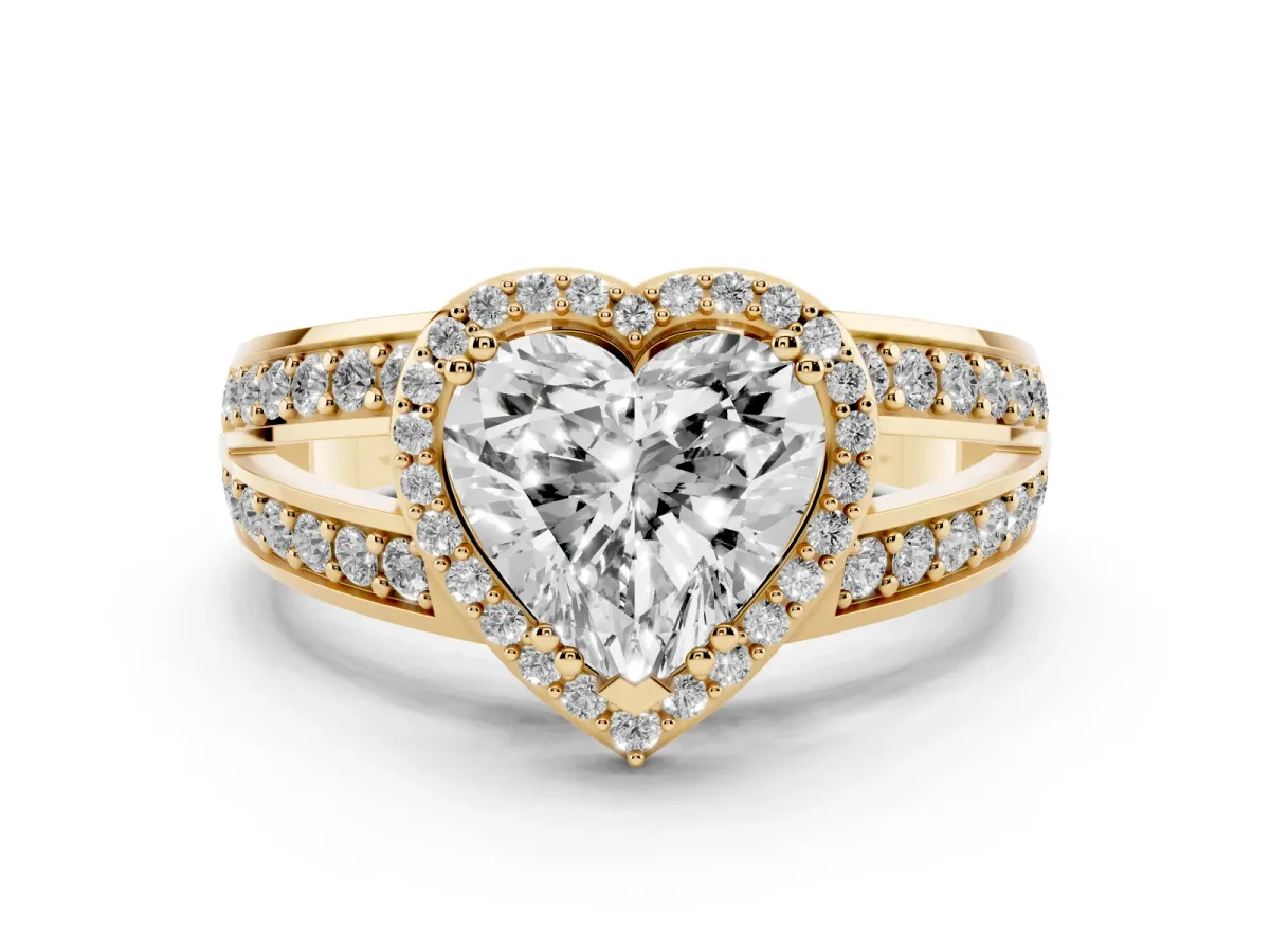 Heart Cut Diamond Halo Ring with Split Shank Pavé Band and Four-Prong Setting Yellow gold