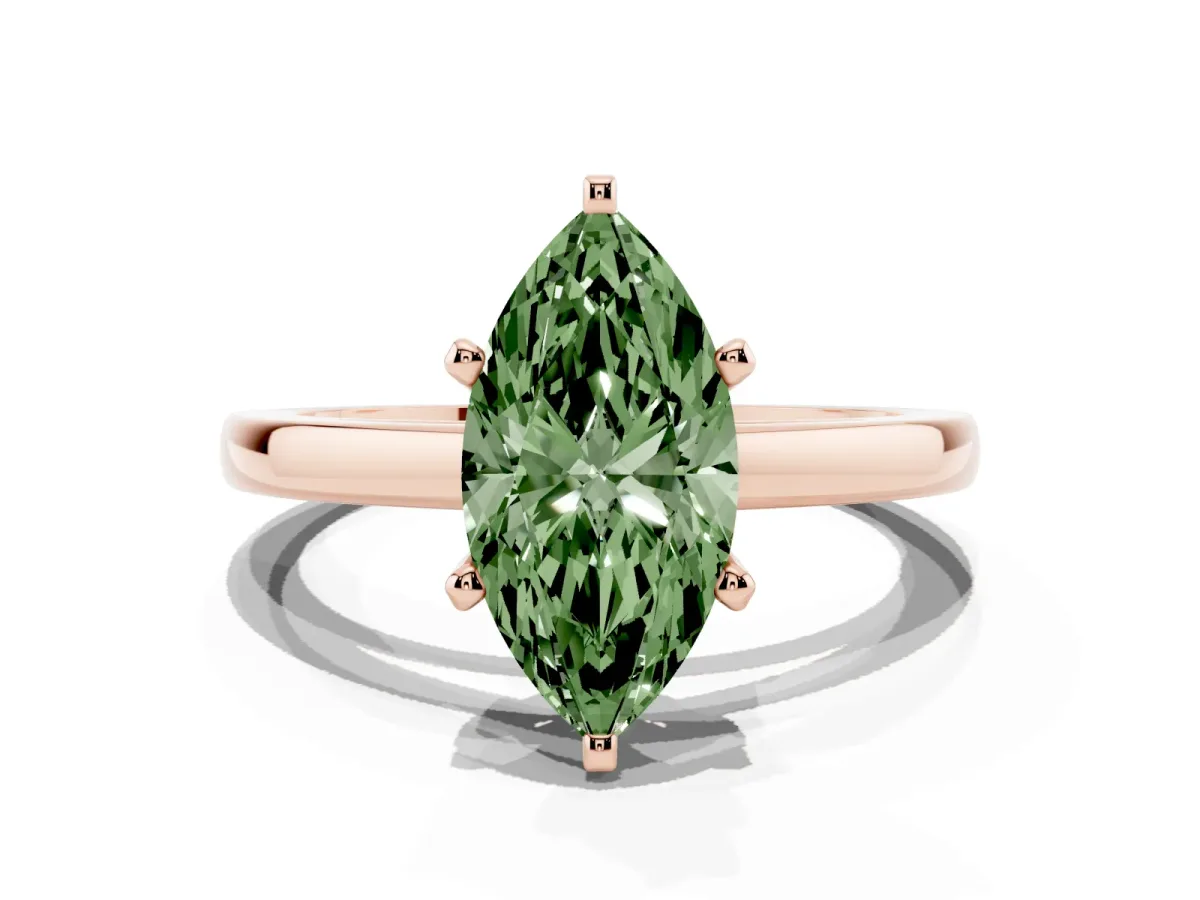 Fancy Green Marquise Cut Solitaire Diamond Engagement Ring with Four-Prong Setting on a Classic Band Rose gold