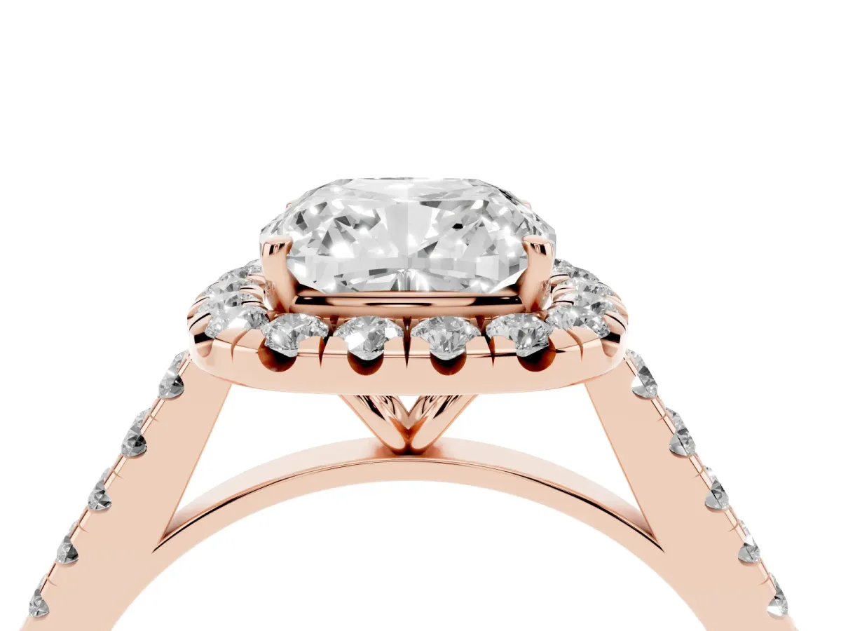 Cushion Cut Halo Pave Diamond Engagement Ring with Four-Prong Setting Rose gold