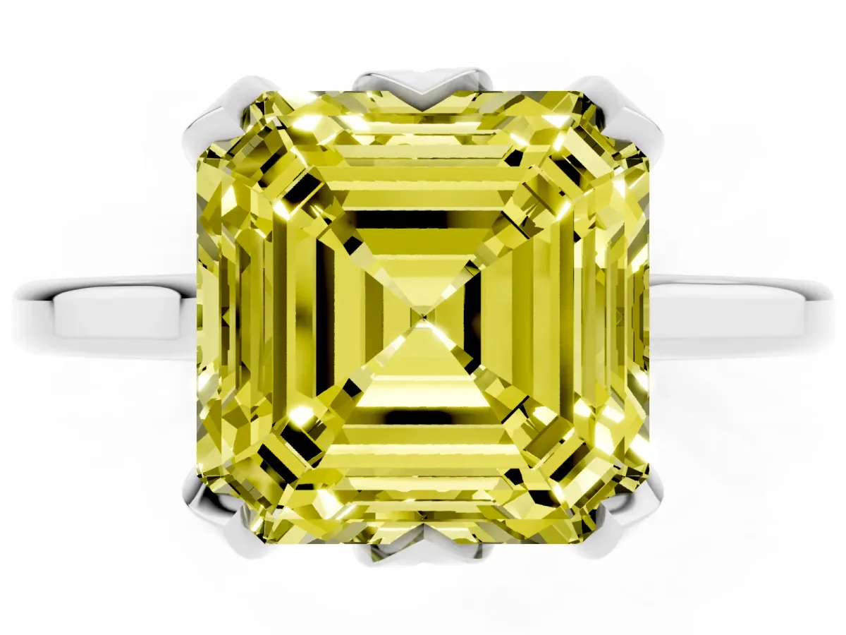 Fancy Yellow Asscher Cut Diamond Solitaire Ring with Flower Prong Setting and Classic Band Silver