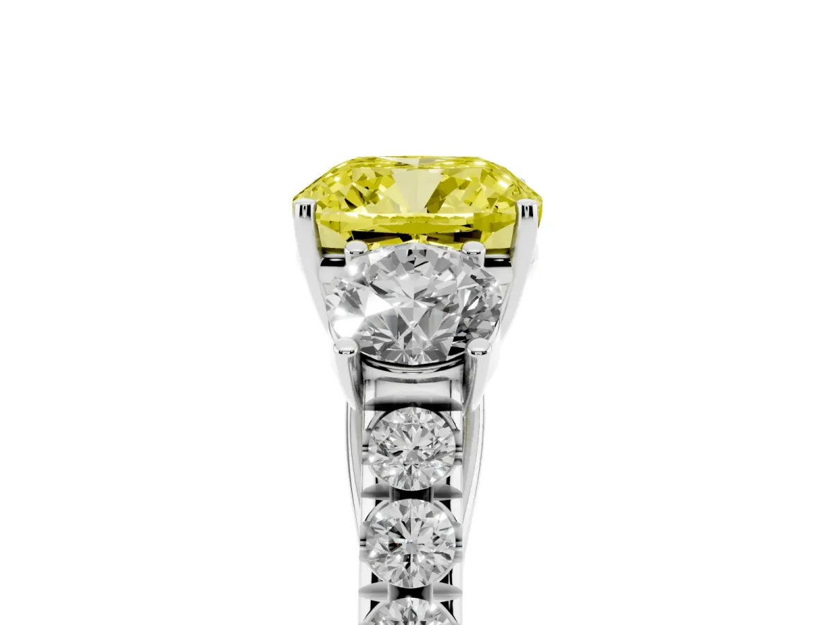 Fancy Yellow Cushion Cut Cut Diamond Three-Stone Ring with Round Side Stones and Pavé Band Silver