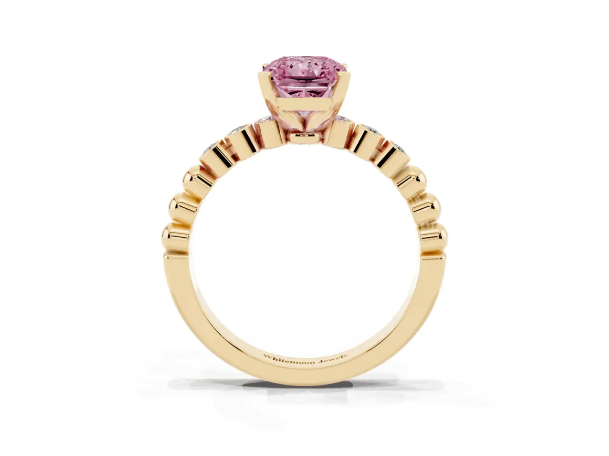 Fancy Pink Radiant Cut Solitaire Bezel Accent Diamond Engagement Ring with Beaded Band and Four-Prong Setting Yellow gold