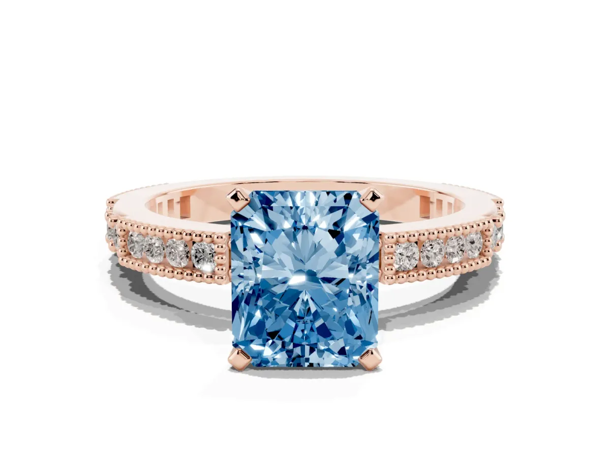 Fancy Blue Radiant Cut Solitaire with Pavé Band and Four-Prong Setting Rose gold