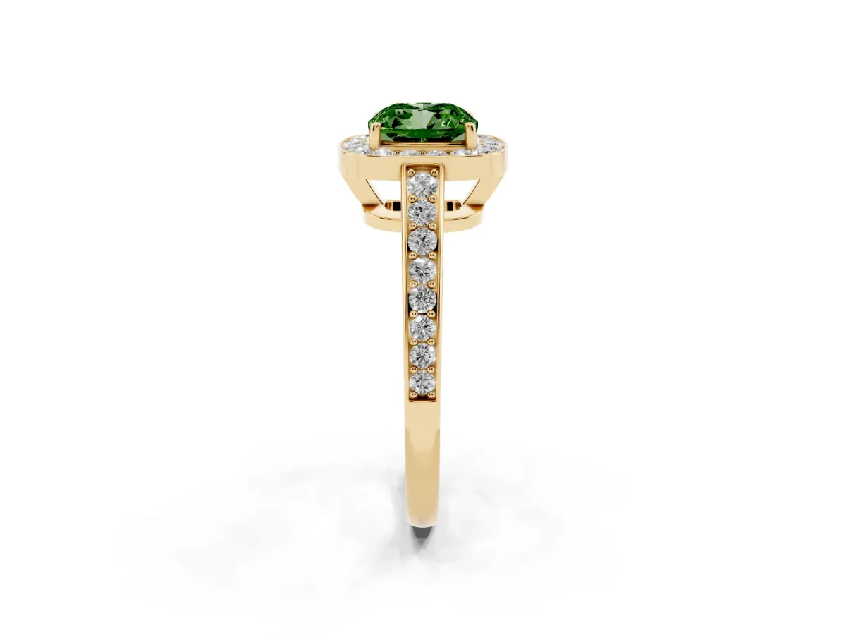 Fancy Green Cushion Cut Halo Pavé Diamond Engagement Ring with Bezel Setting Yellow gold