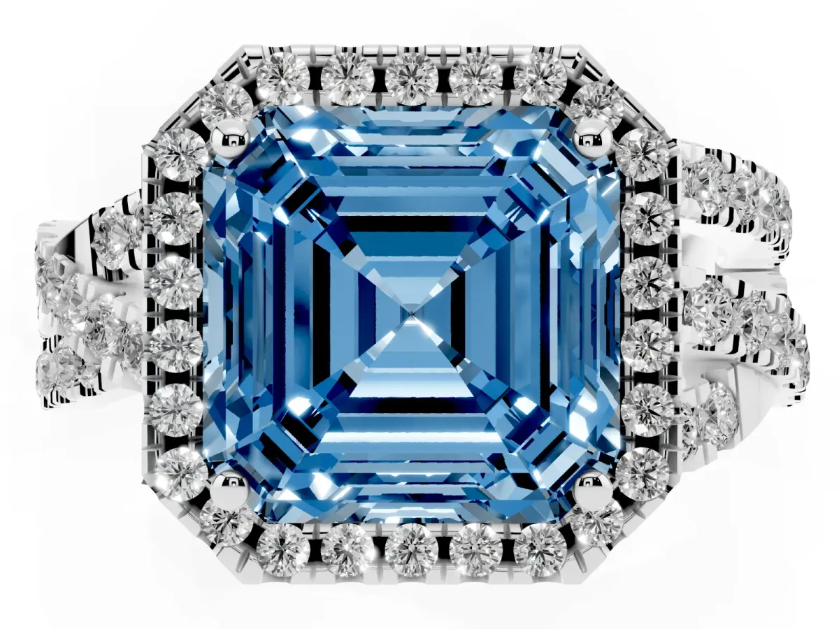 Fancy Blue Asscher Cut Diamond Halo Ring with Round Split Shank and Prong Setting Silver