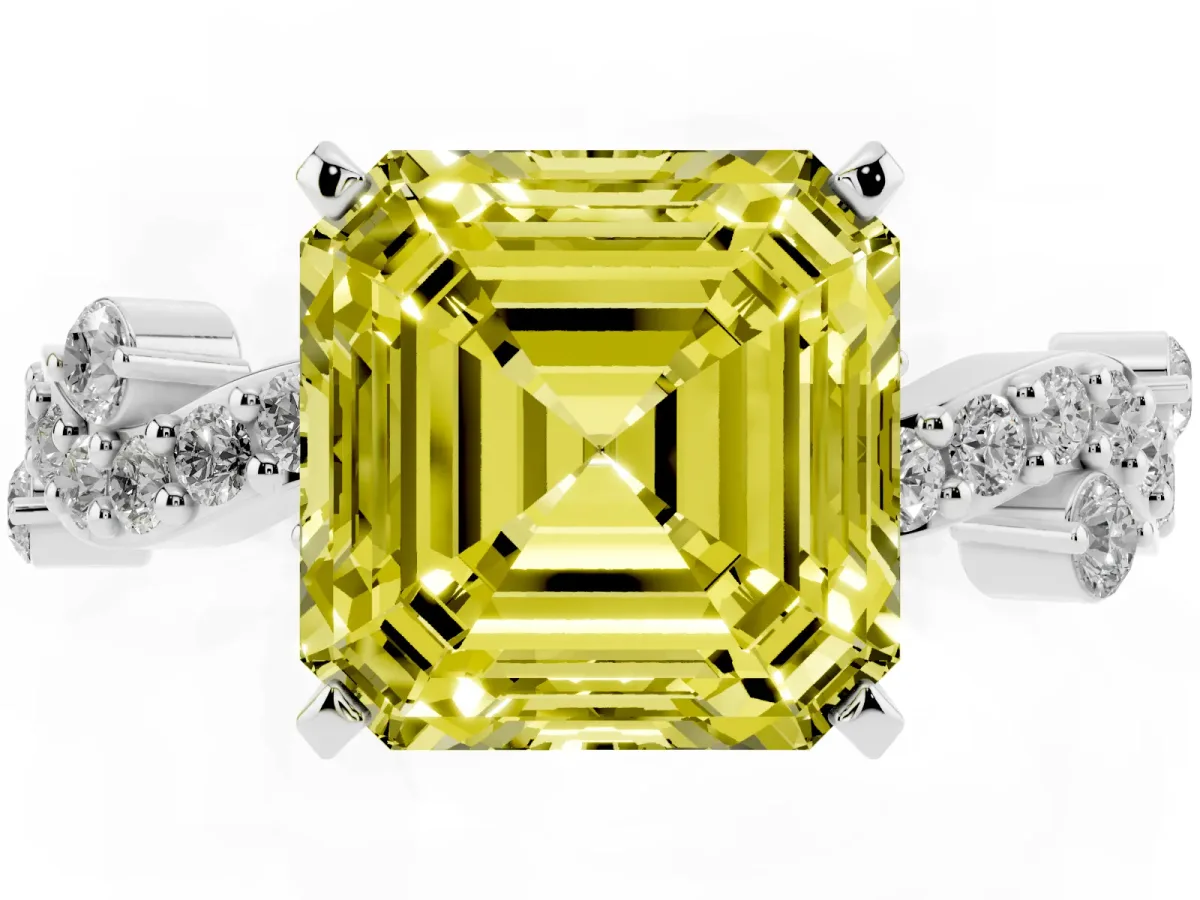 Fancy Yellow Asscher Cut Cut Solitaire Diamond Twisted Band with Pave Setting Silver
