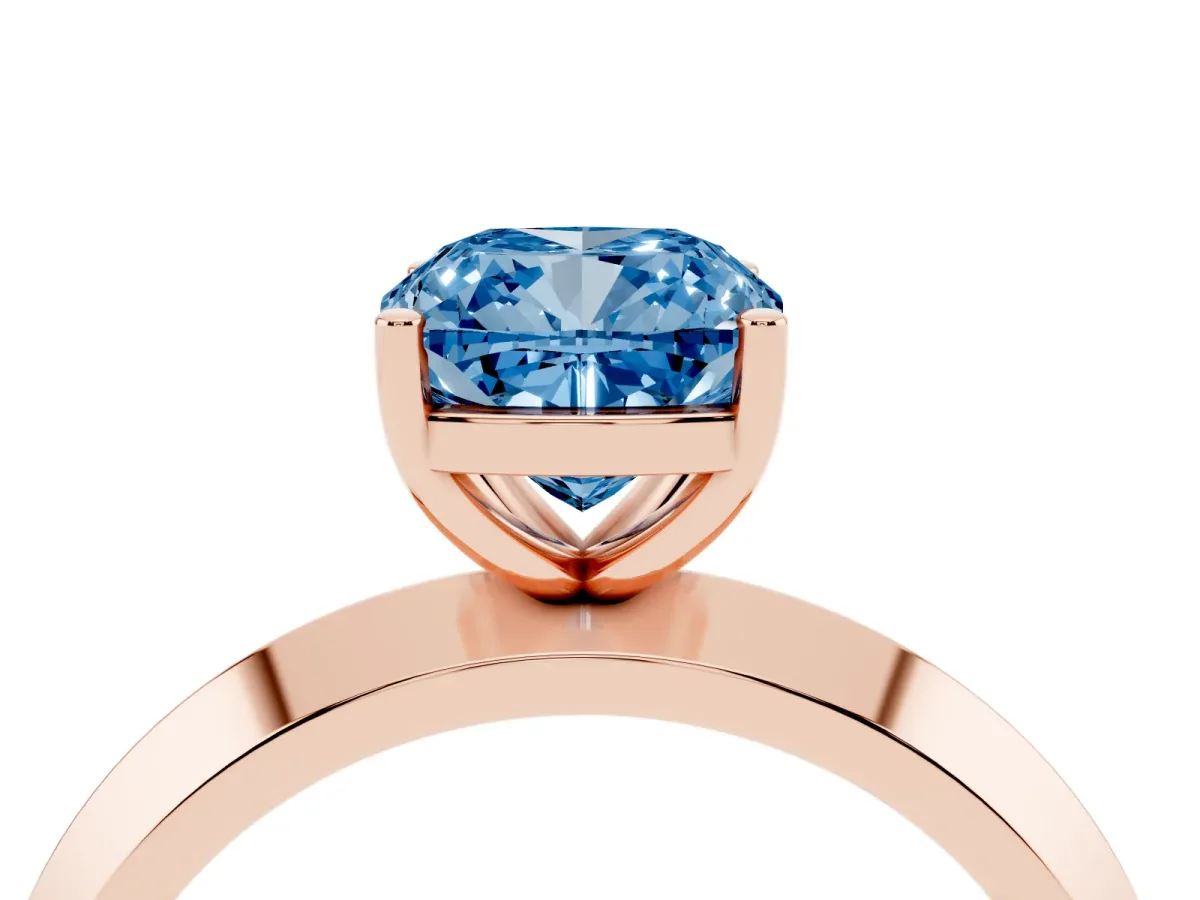 Fancy Blue Cushion Cut Cut Solitaire Engagement Ring with Flat Band and Four-Prong Setting Rose gold