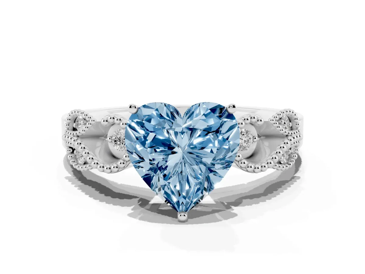 Fancy Blue Heart Cut Solitaire Milgrain Leaf Band with Prong Setting Silver