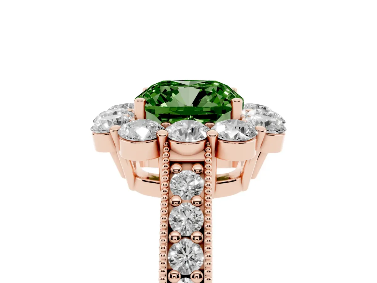 Fancy Green Cushion Cut Cut Halo Diamond Pavé Engagement Ring with Milgrain Detailing Rose gold