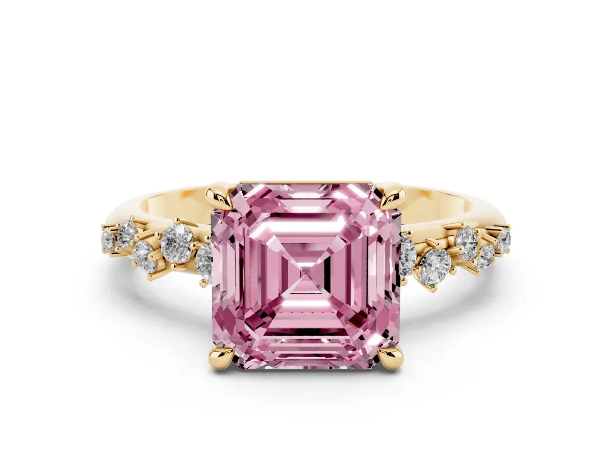Fancy Pink Asscher Cut Cut Diamond Vine Band with Four-Prong Setting Yellow gold