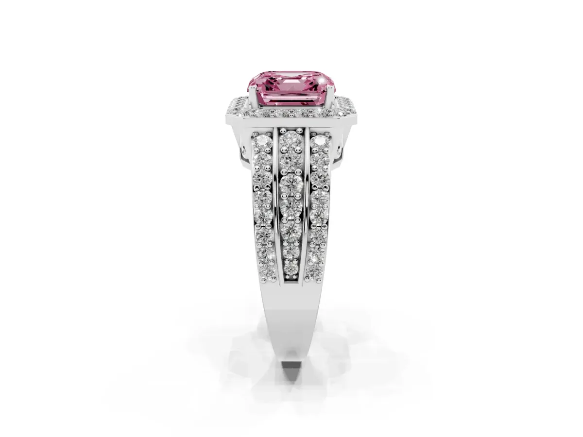 Fancy Pink Asscher Cut Halo Diamond Ring with Round Split Shank and Prong Setting Platinum