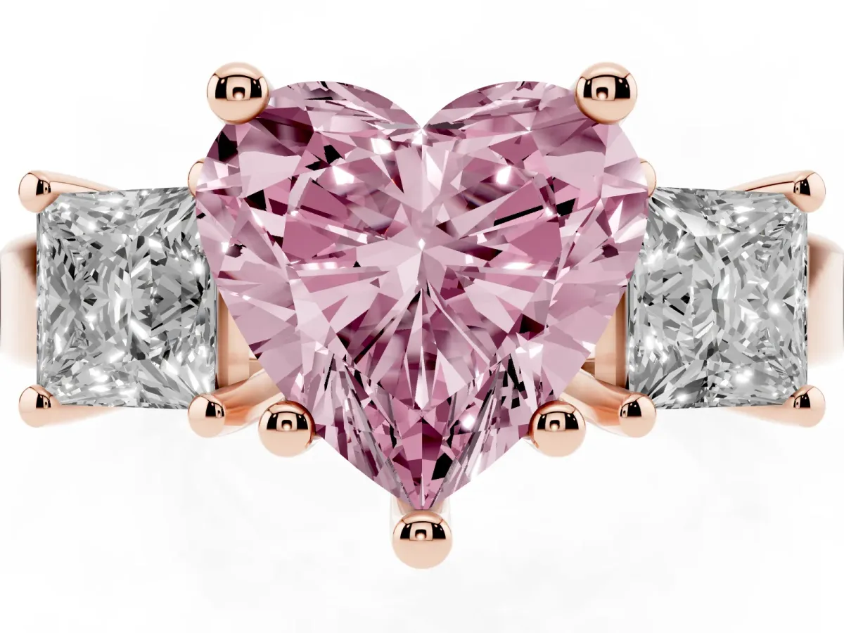 Fancy Pink Three-Stone Heart Cut Cut Solitaire Ring with Prong Setting Rose gold