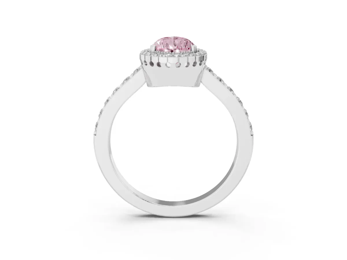 Fancy Pink Pear Cut Cut Diamond Halo Engagement Ring with Milgrain Detail and Pavé Band Silver