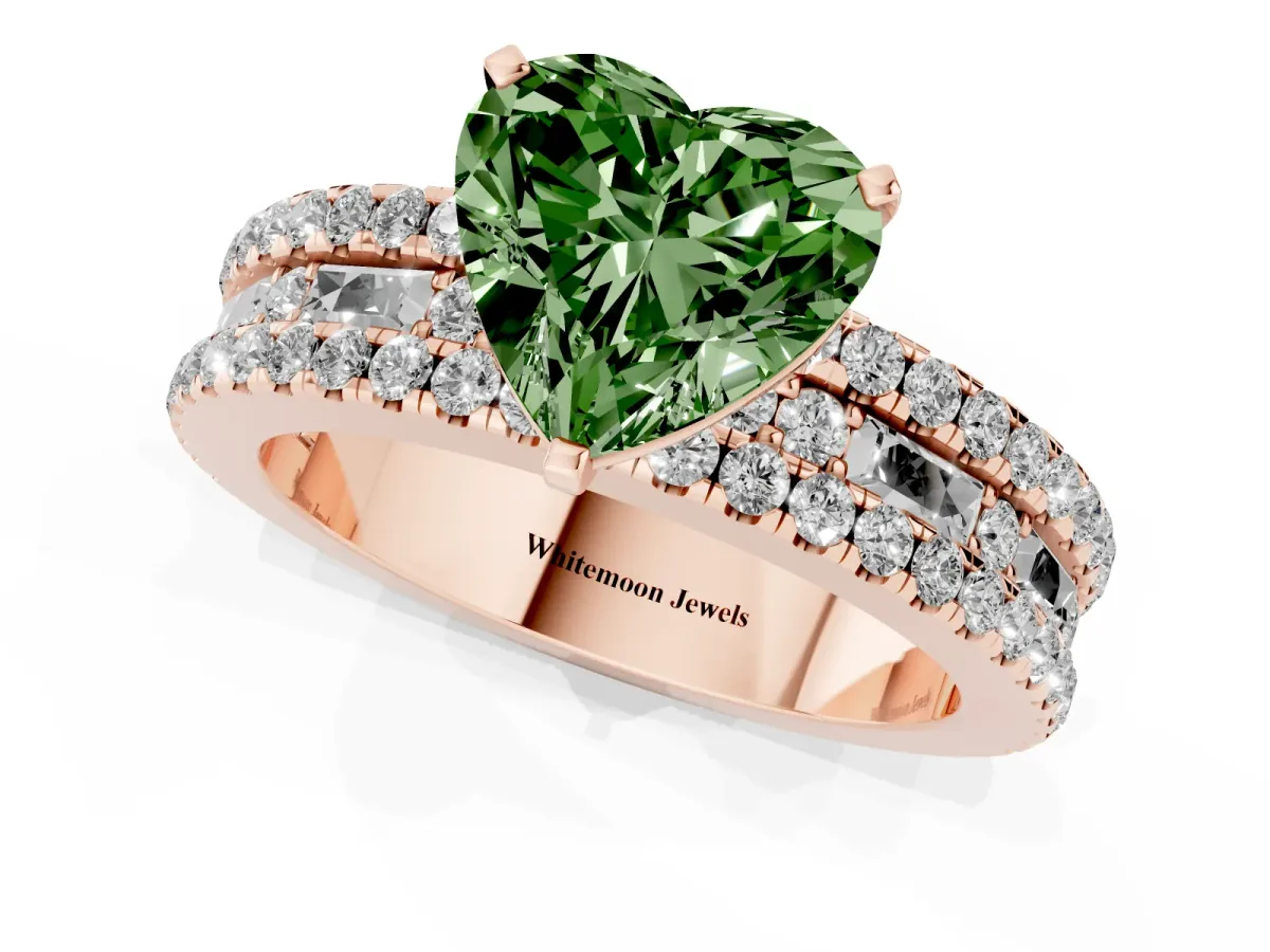Fancy Green Heart Cut Diamond Solitaire Ring with Pavé and Channel Set Band Rose gold