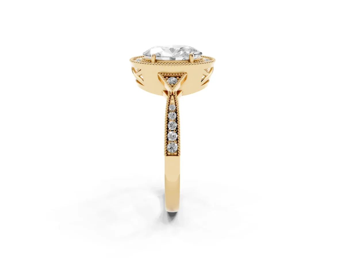 Oval Cut Halo Round Diamond Milgrain Pave Engagement Ring Yellow gold