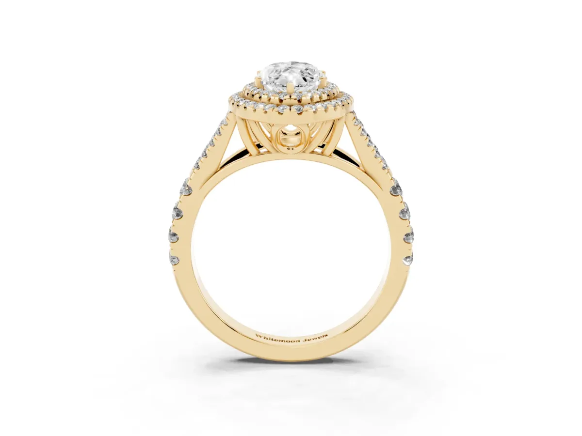 Marquise Cut Diamond Pavé Split Shank Double Halo Engagement Ring Yellow gold