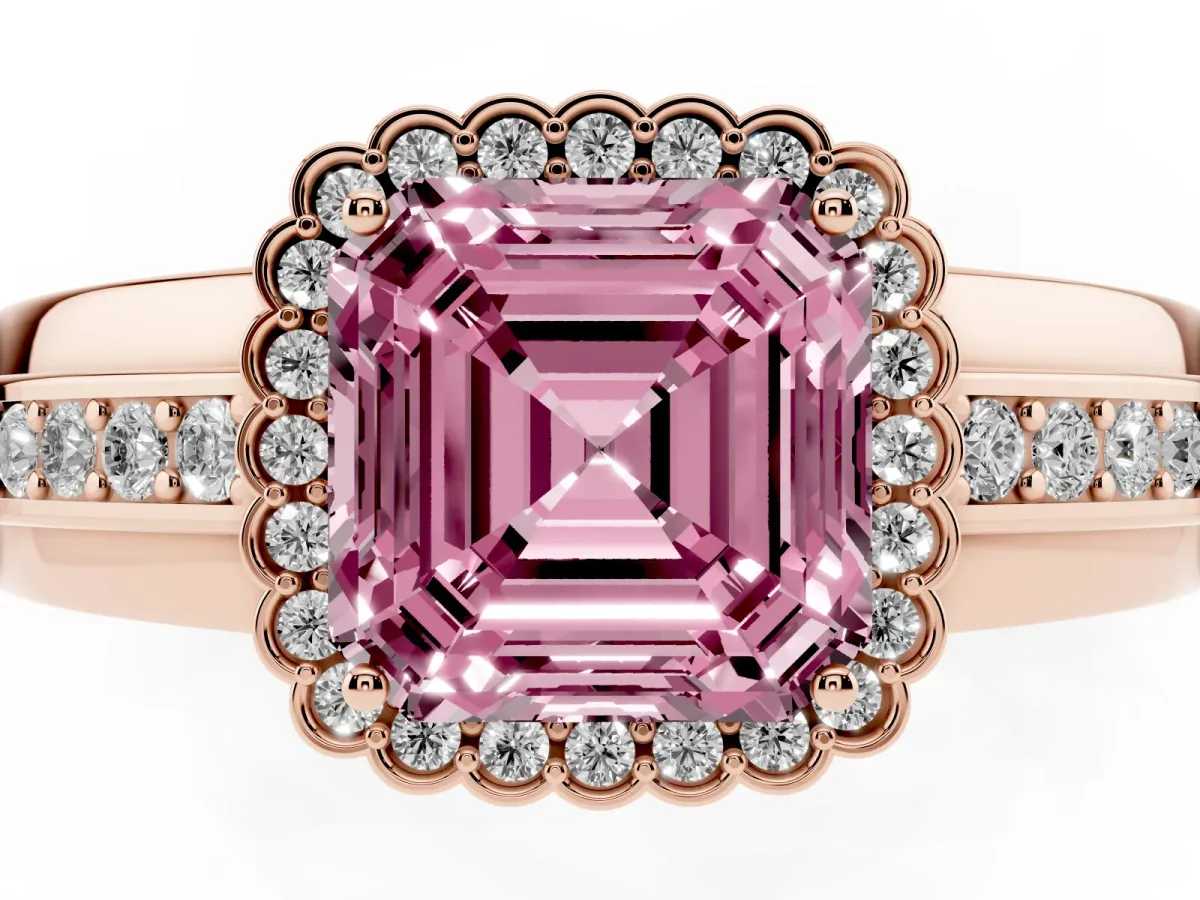 Fancy Pink Asscher Cut Cut Halo Pave Band Four-Prong Ring Rose gold