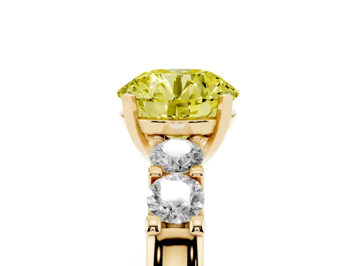 Fancy Yellow Round Cut Brilliant Cut Diamond Five-Stone Prong Set Engagement Ring with Channel Band Yellow gold