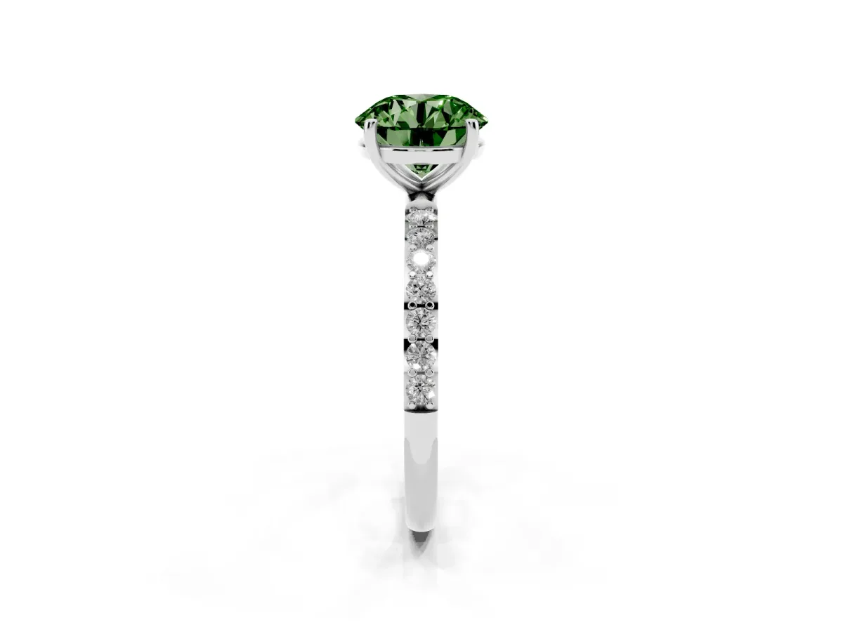 Fancy Green Round Cut Diamond Solitaire Ring with Round Pavé Shoulders and Prong Setting Silver