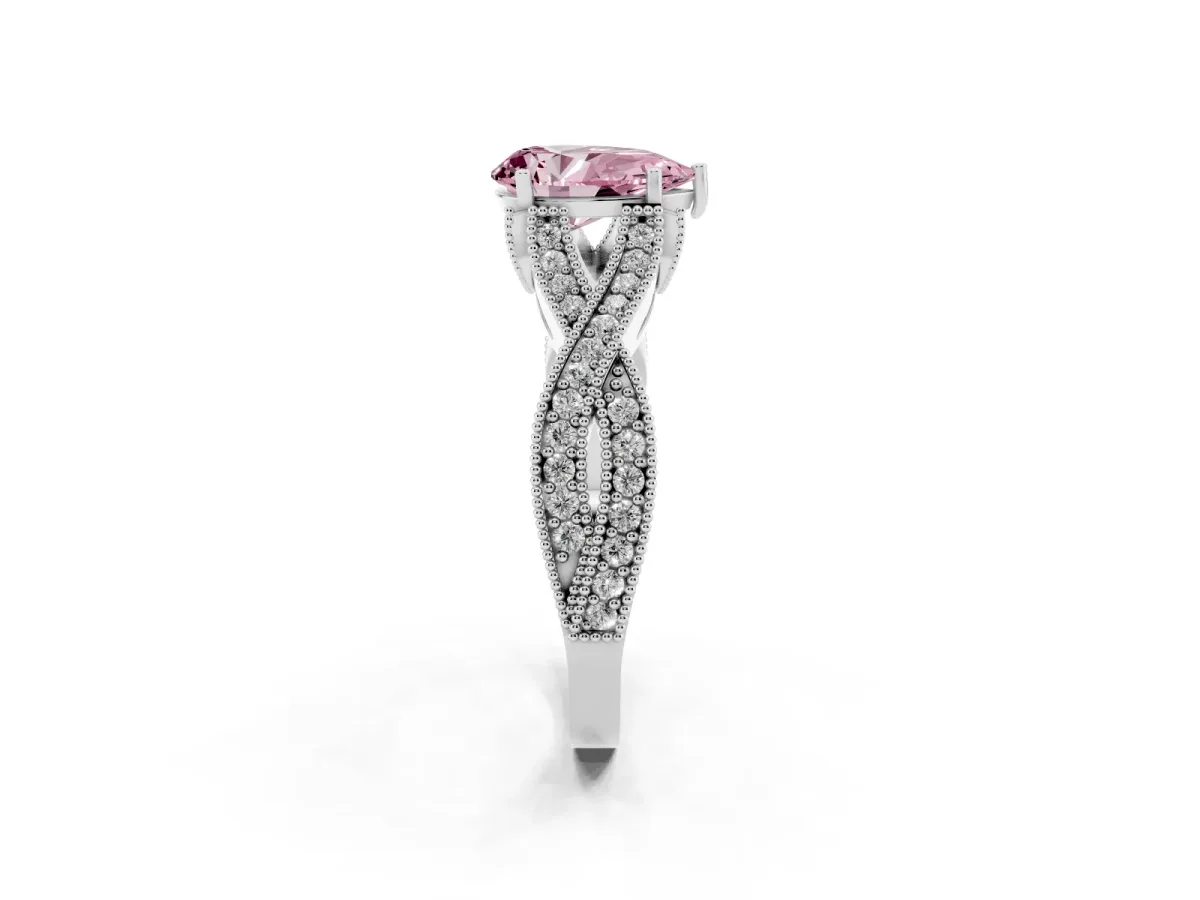 Fancy Pink Pear Cut Cut Diamond Twisted Band with Milgrain Pave Setting and Four-Prong Setting Silver