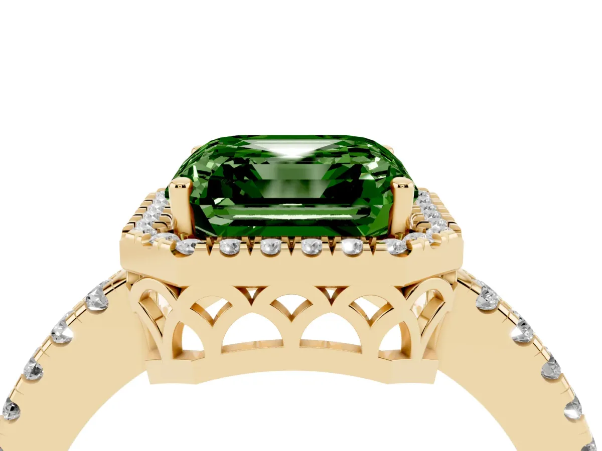 Fancy Green Asscher Cut Halo Diamond Engagement Ring with Pavé Band and Four-Prong Setting Yellow gold