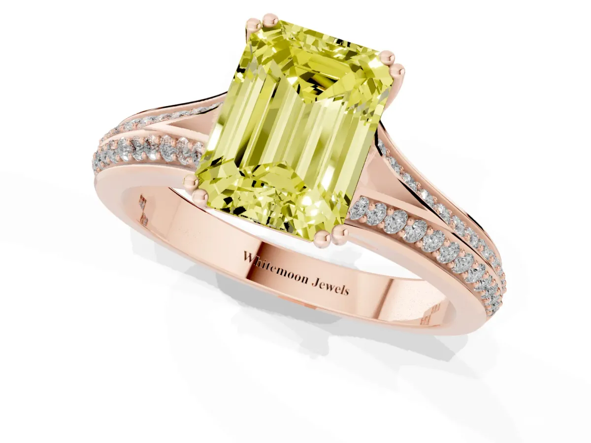 Fancy Yellow Emerald Cut Diamond Split Shank Engagement Ring with Pavé Band Rose gold