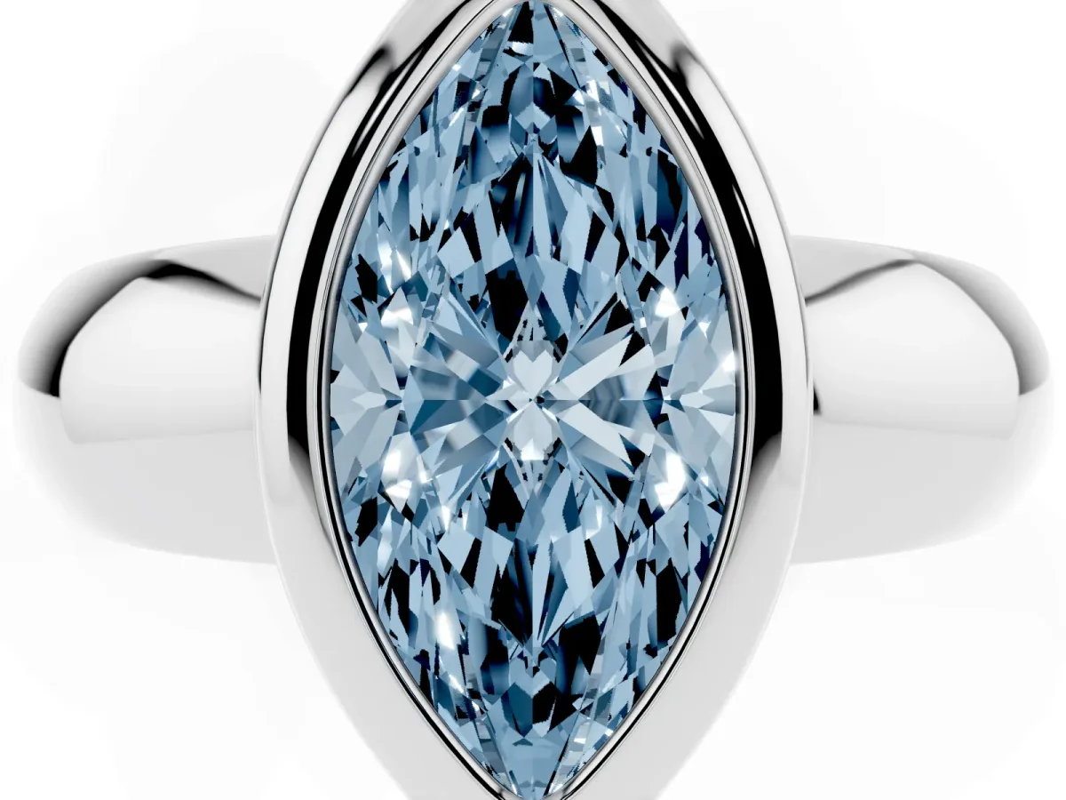 Fancy Blue Bezel Set Marquise Cut Solitaire Ring with Wide Band White gold