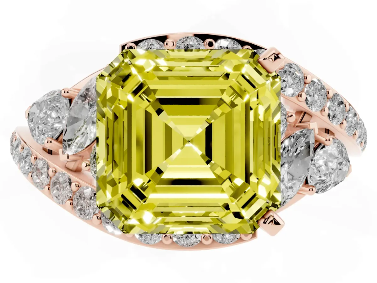 Fancy Yellow Asscher Cut Diamond Halo Ring with Marquise and Pavé Band in Prong Setting Rose gold