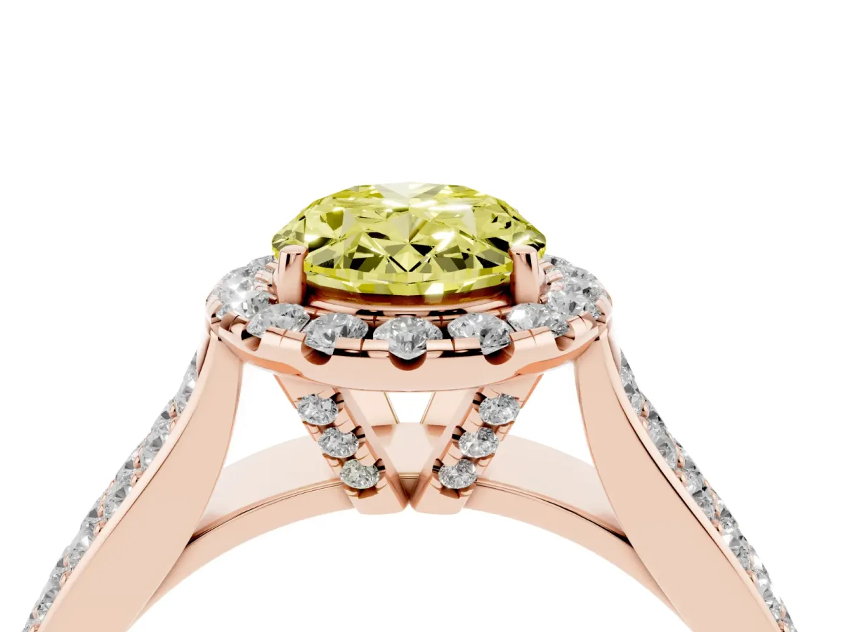 Fancy Yellow Oval Cut Halo Round Diamond Pave Band with Prong Setting Rose gold