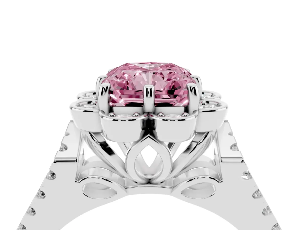 Fancy Pink Radiant Cut Halo Diamond Floral Split Shank Engagement Ring Platinum