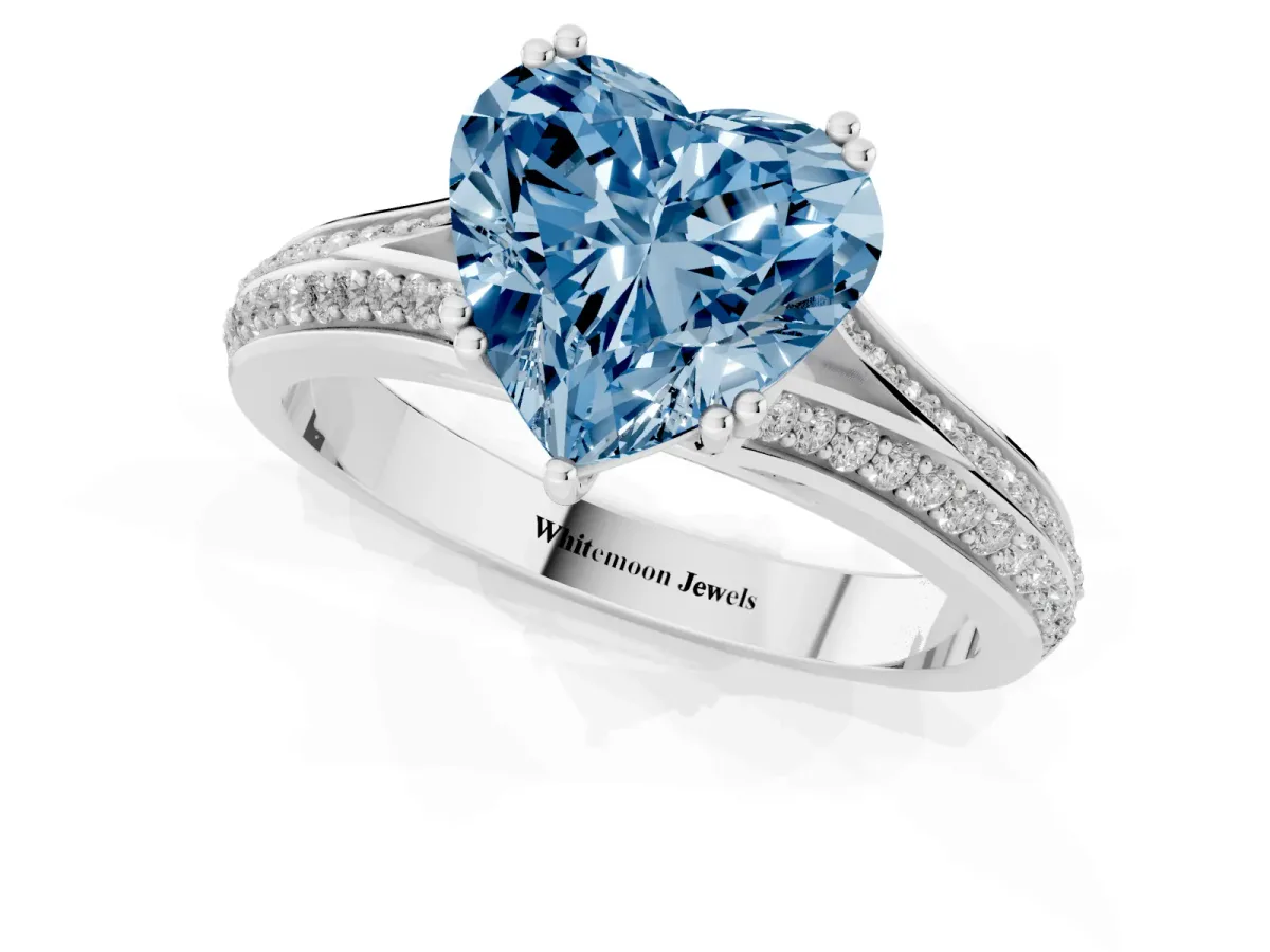 Fancy Blue Heart Cut Diamond Split Shank Engagement Ring with Pavé Band Silver