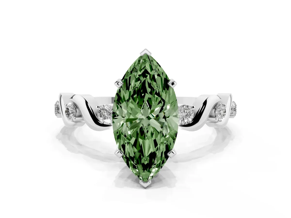 Fancy Green Marquise Cut Diamond Solitaire Twisted Band with Round Accents and Prong Setting Silver