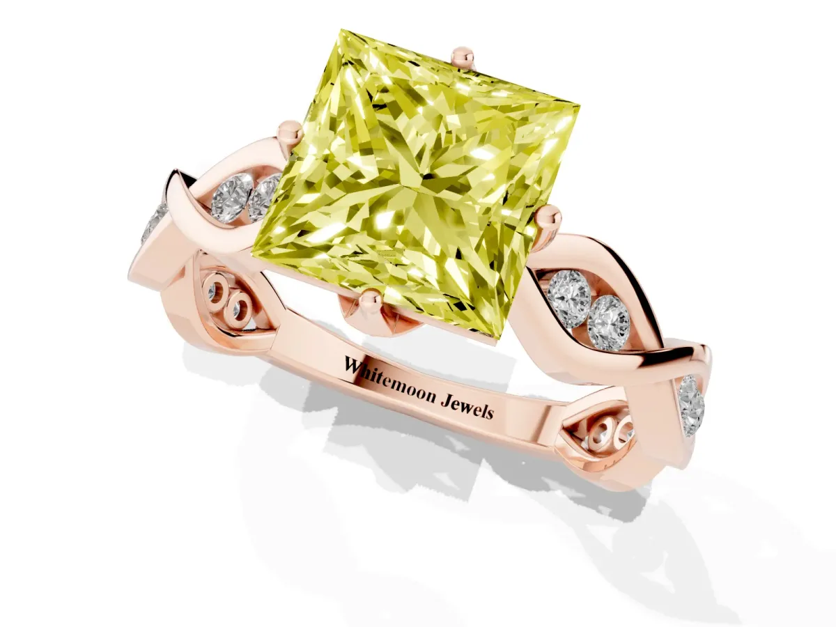 Fancy Yellow Princess Cut Solitaire Twist Band with Leaf Prong Setting Rose gold
