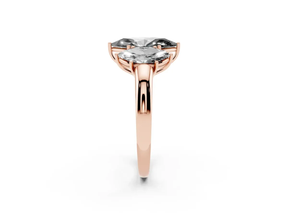Fancy Black Marquise Cut Diamond Three-Stone Ring with Four-Prong Setting and Classic Band Rose gold