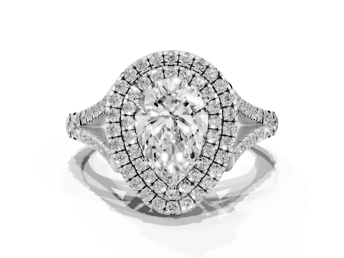Double Halo Pear Cut Diamond Split Shank Engagement Ring with Four-Prong Setting Silver