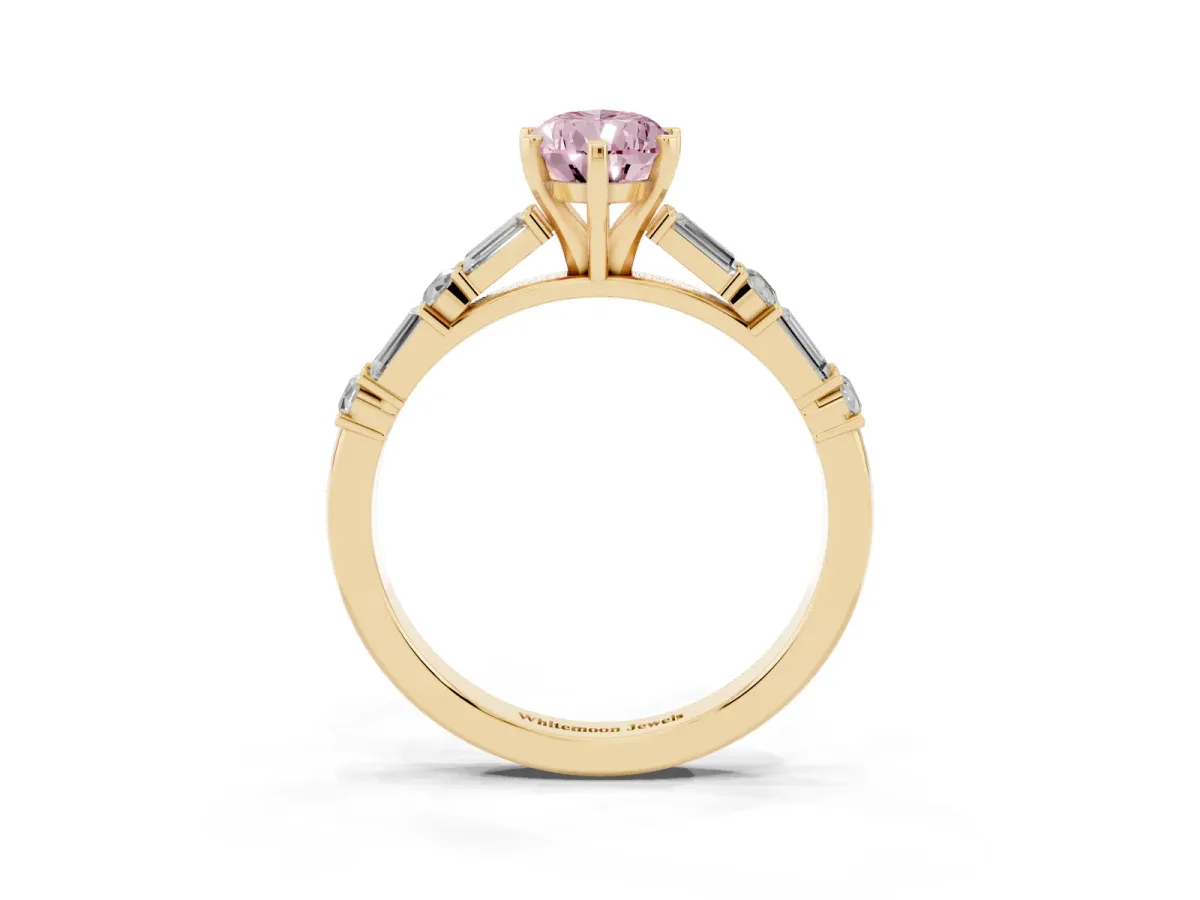Fancy Pink Pear Cut Diamond Solitaire with Side Baguettes and Channel Set Band Yellow gold