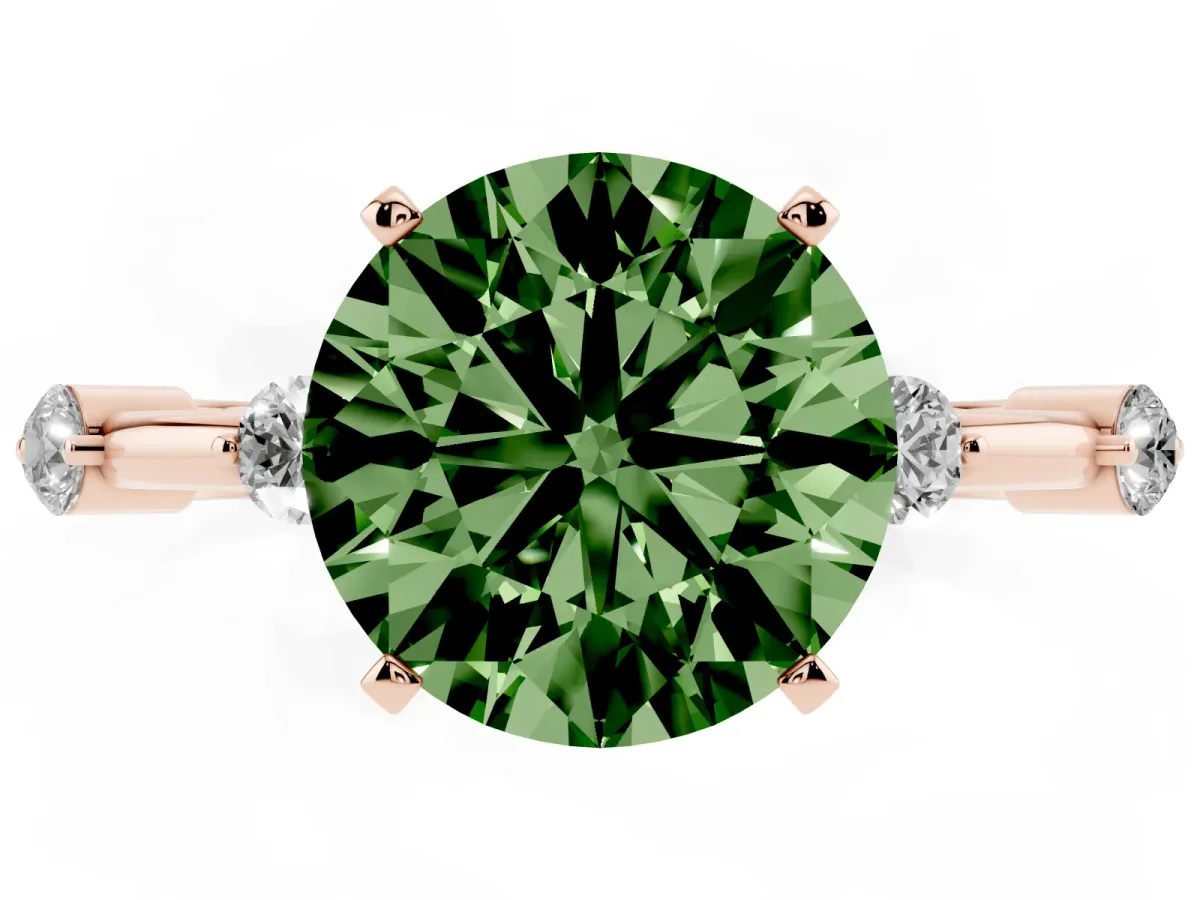 Fancy Green Round Cut Solitaire Diamond Ring with Bezel Set Side Stones and Prong Setting Rose gold