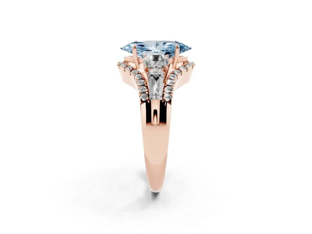 Fancy Blue Three-Stone Marquise Cut Diamond Engagement Ring with Pave Band and Prong Setting Rose gold