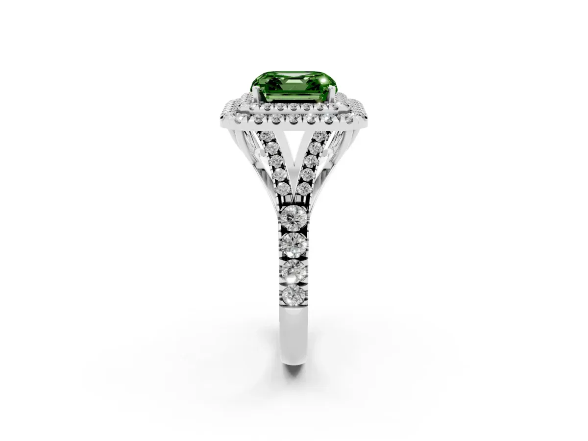 Fancy Green Asscher Cut Cut Double Halo Split Shank Diamond Ring with Prong Setting Silver