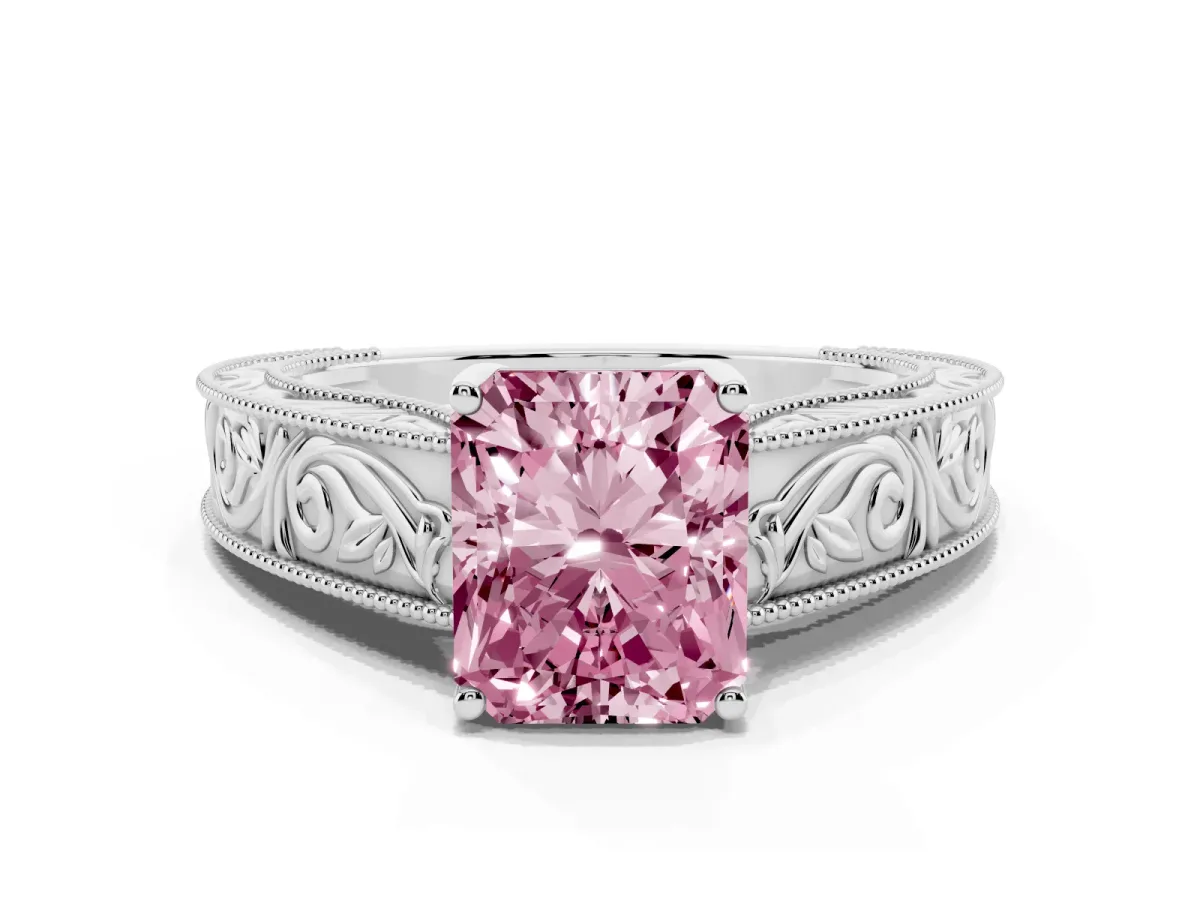 Fancy Pink Radiant Cut Diamond Solitaire Ring with Engraved Band and Four-Prong Setting White gold