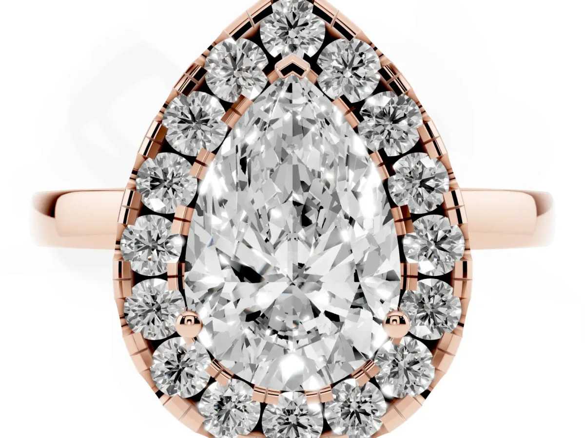 Pear Cut Halo Diamond Solitaire with Pavé Band and Four-Prong Setting Rose gold