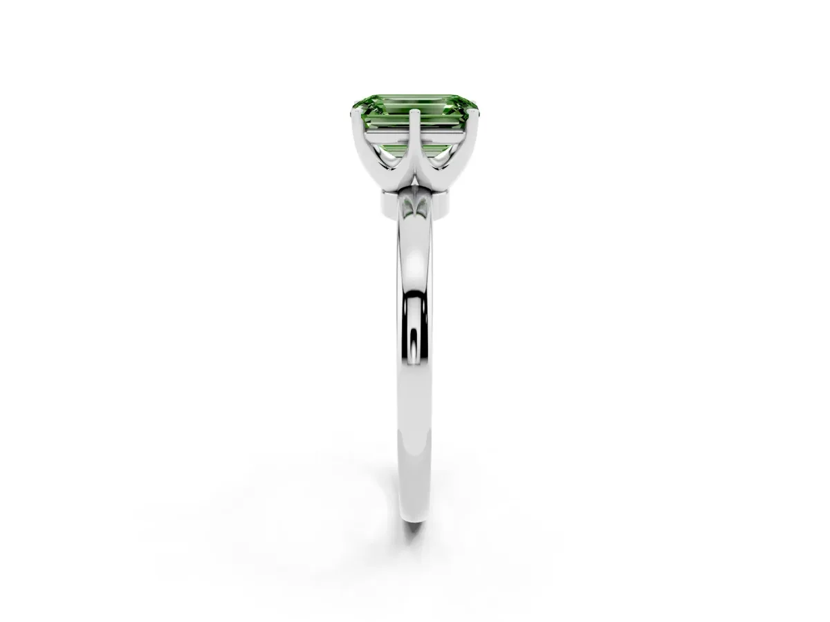 Fancy Green Emerald Cut Solitaire Diamond Ring with Six-Prong Setting on a Classic Band Platinum