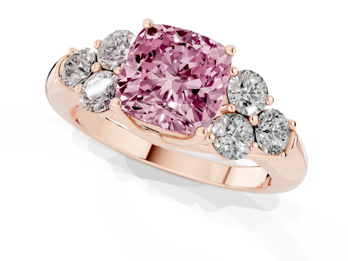 Fancy Pink Cushion Cut Cut Diamond Cluster Ring with Round Accent Stones and Prong Setting on a Classic Band Rose gold