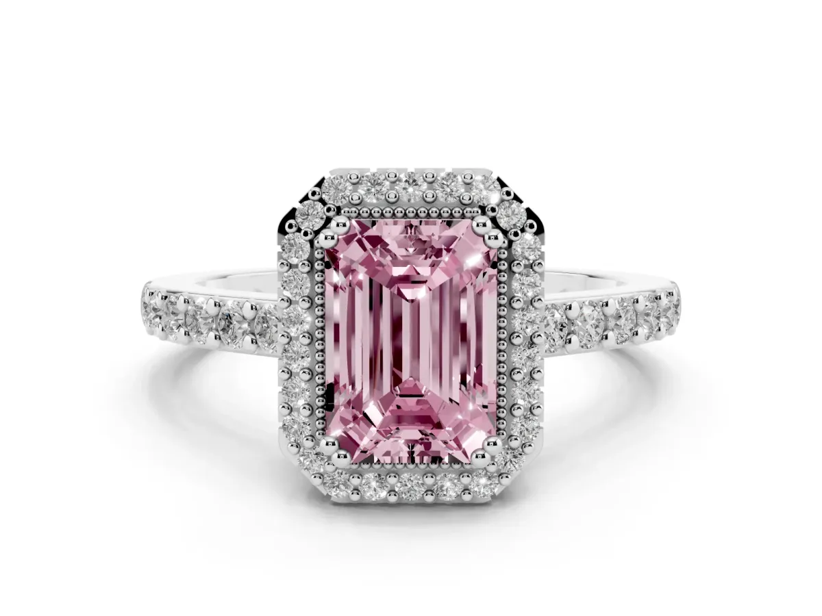 Fancy Pink Emerald Cut Cut Diamond Halo Engagement Ring with Milgrain Detail and Pavé Band White gold