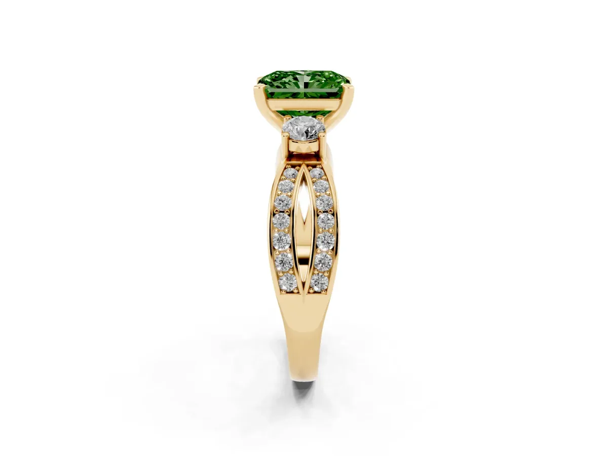 Fancy Green Three-Stone Radiant Cut Cut Diamond Twist Band with Prong Setting Yellow gold