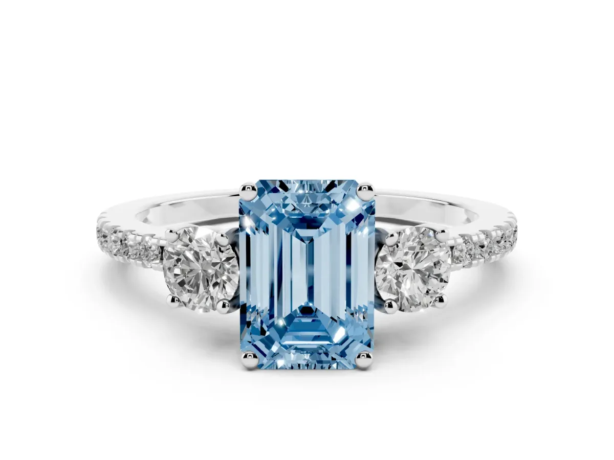Fancy Blue Three-Stone Emerald Cut Cut Diamond Pavé Band with Prong Setting Platinum