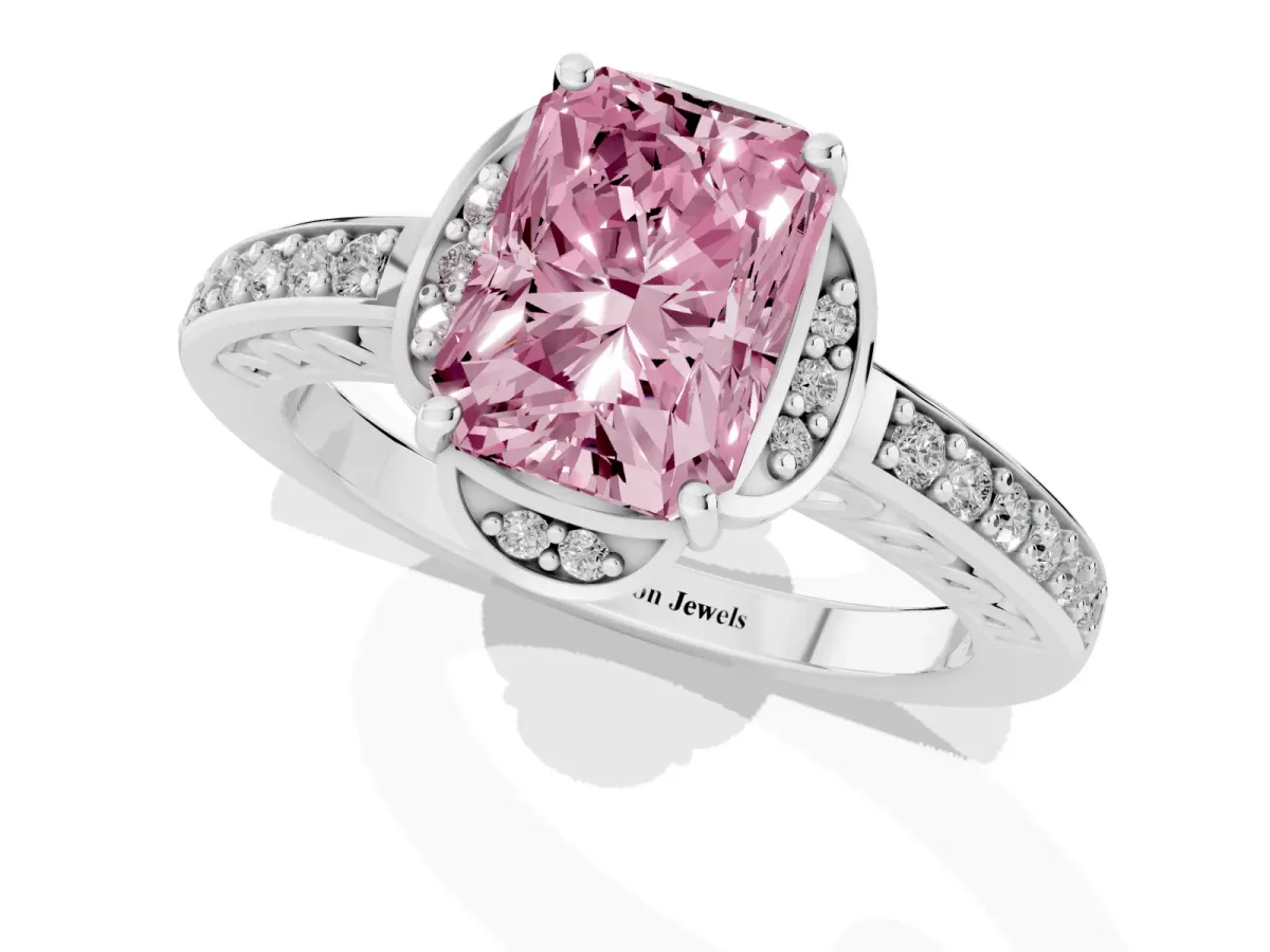 Fancy Pink Radiant Cut Cut Halo Diamond Ring with Channel Set Band and Four-Prong Setting Platinum