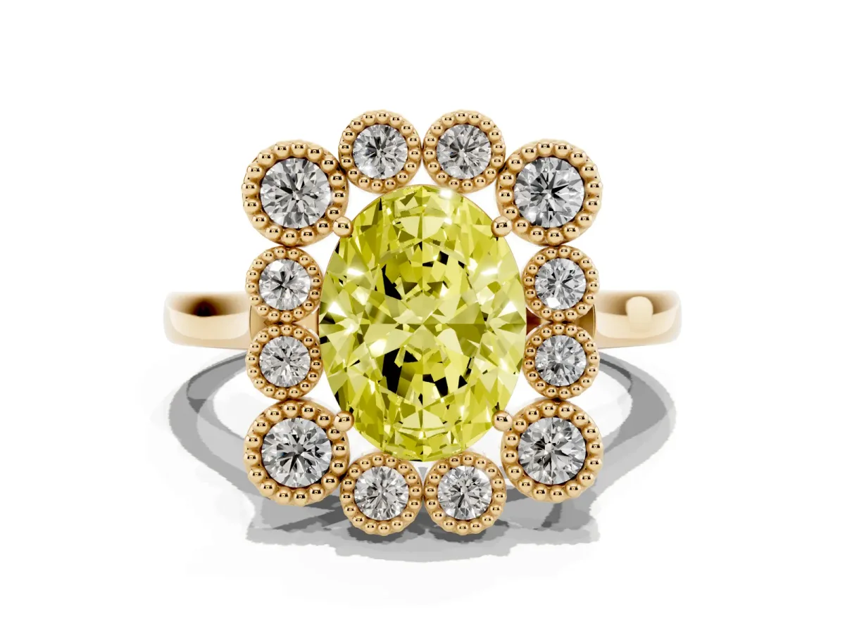 Fancy Yellow Oval Cut Halo Diamond Cluster Engagement Ring with Milgrain Bezel Setting and Solitaire Band Yellow gold